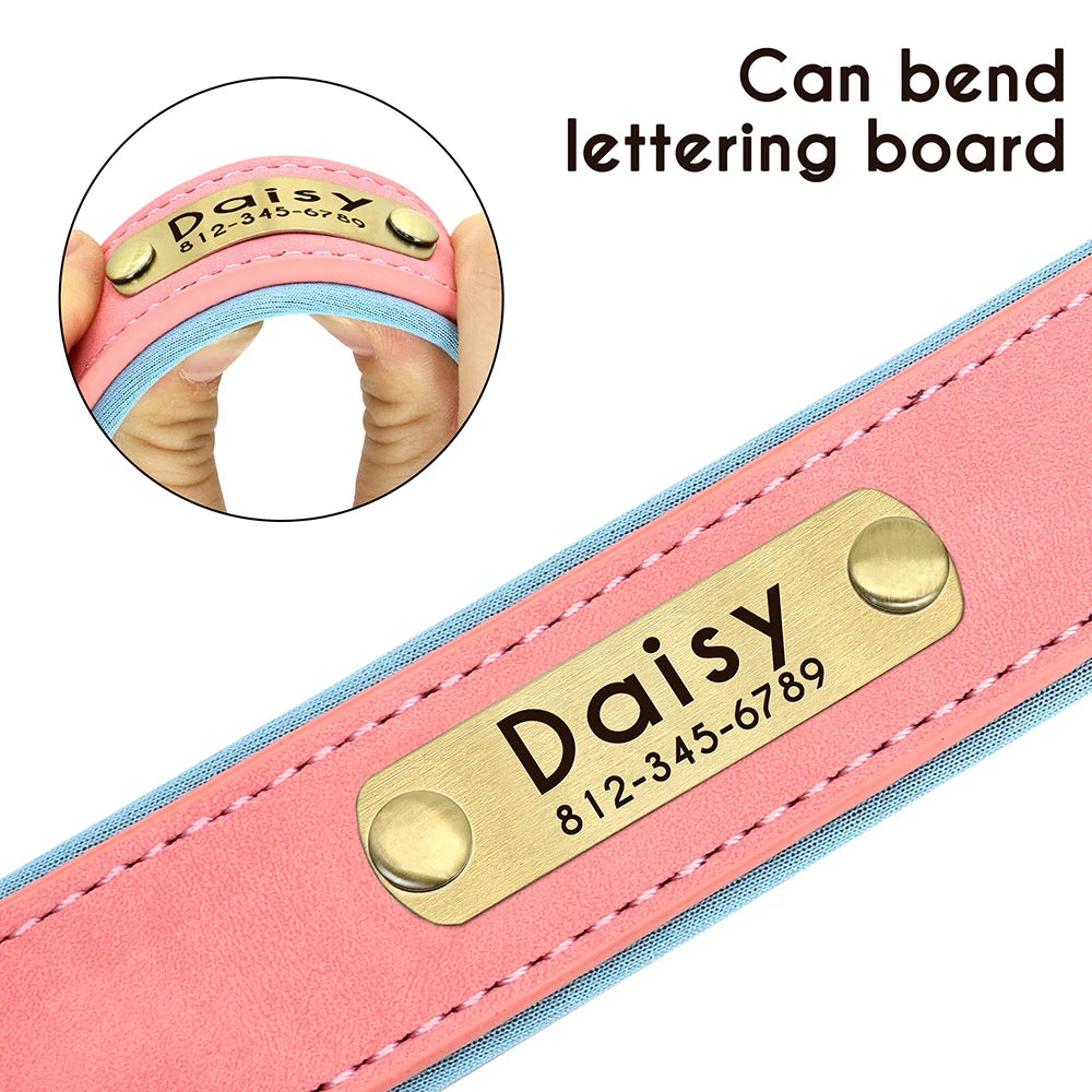 Custom Leather Dog Collar & Leash Set – Soft Padded with Engraved Nameplate
