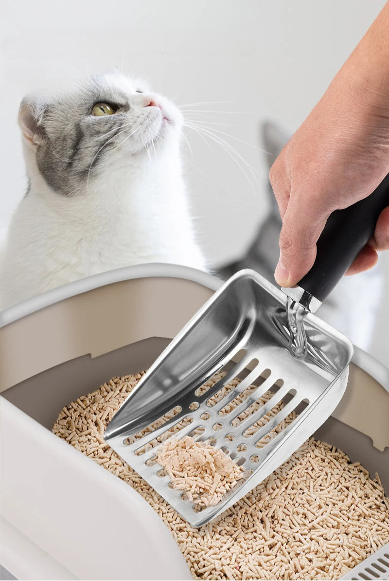Stainless Steel Cat Litter Scoop with Rubber Handle – Durable Metal Kitty Scooper with Sturdy Mesh Filter for Easy Litter Cleaning