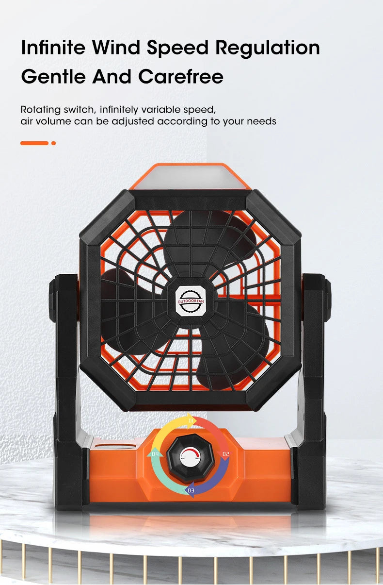 2024 Rechargeable Camping Fan with LED Light – 7800mAh Battery, Hook & Desk Mount for Tent, Car, or Outdoor Trips