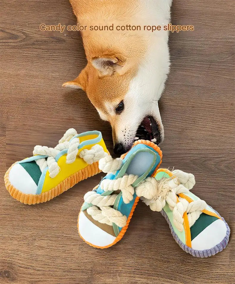 Dog Slippers Shape Squeaky Chew Toy with Cotton Rope – Bite Resistant & Teeth Grinding Pet Toy