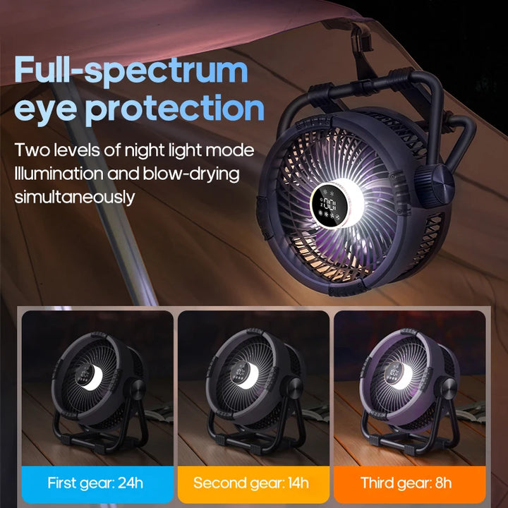 6-in-1 Outdoor Camping Fan – 20000mAh Rechargeable Ceiling & Desktop Fan with LED Light, Hook & Wireless Operation