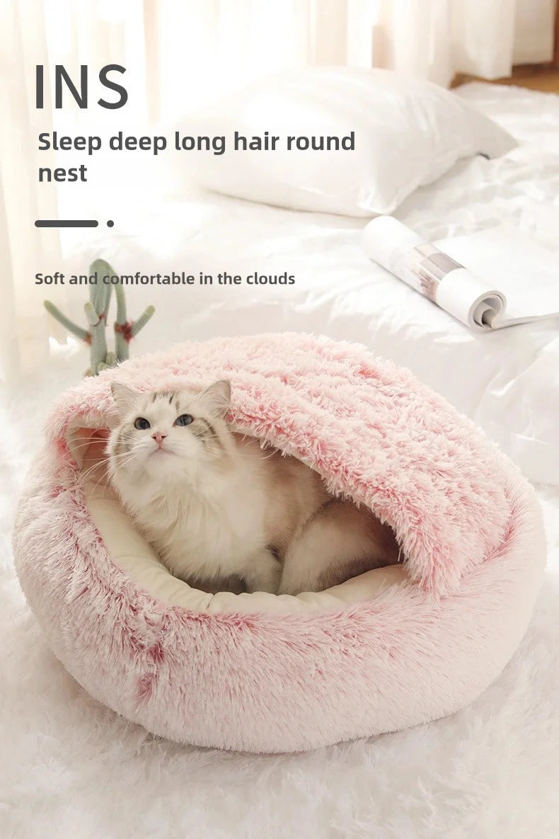 Autumn & Winter Plush Pet Bed – Semi-Enclosed Shell Cat Nest for Cozy Warmth
