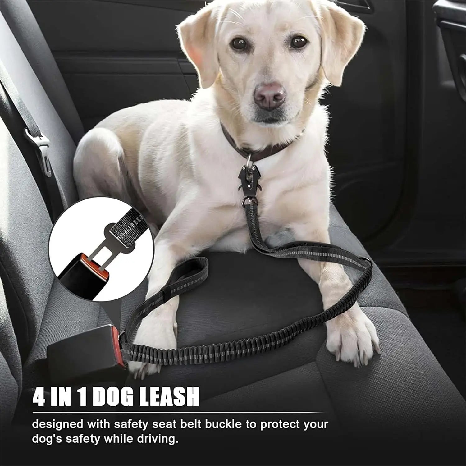 Reflective Tactical Bungee Dog Leash with Car Seatbelt – Shock-Absorbing, No-Pull Lead