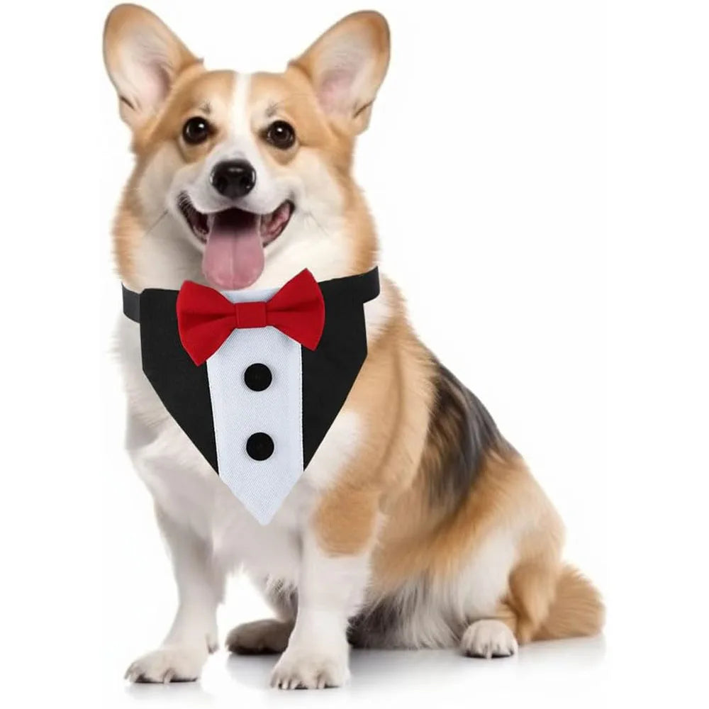 Dog Tuxedo Suit with Bow Tie – Formal Wedding Outfit & Birthday Bandana Collar for Medium & Large Dogs