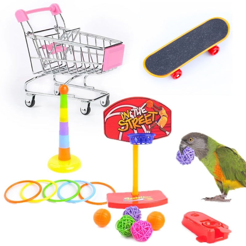 4-in-1 Parrot Bird Toy Set – Basketball, Skateboard, Stacking Ring, and Shopping Cart Interactive Training Toys