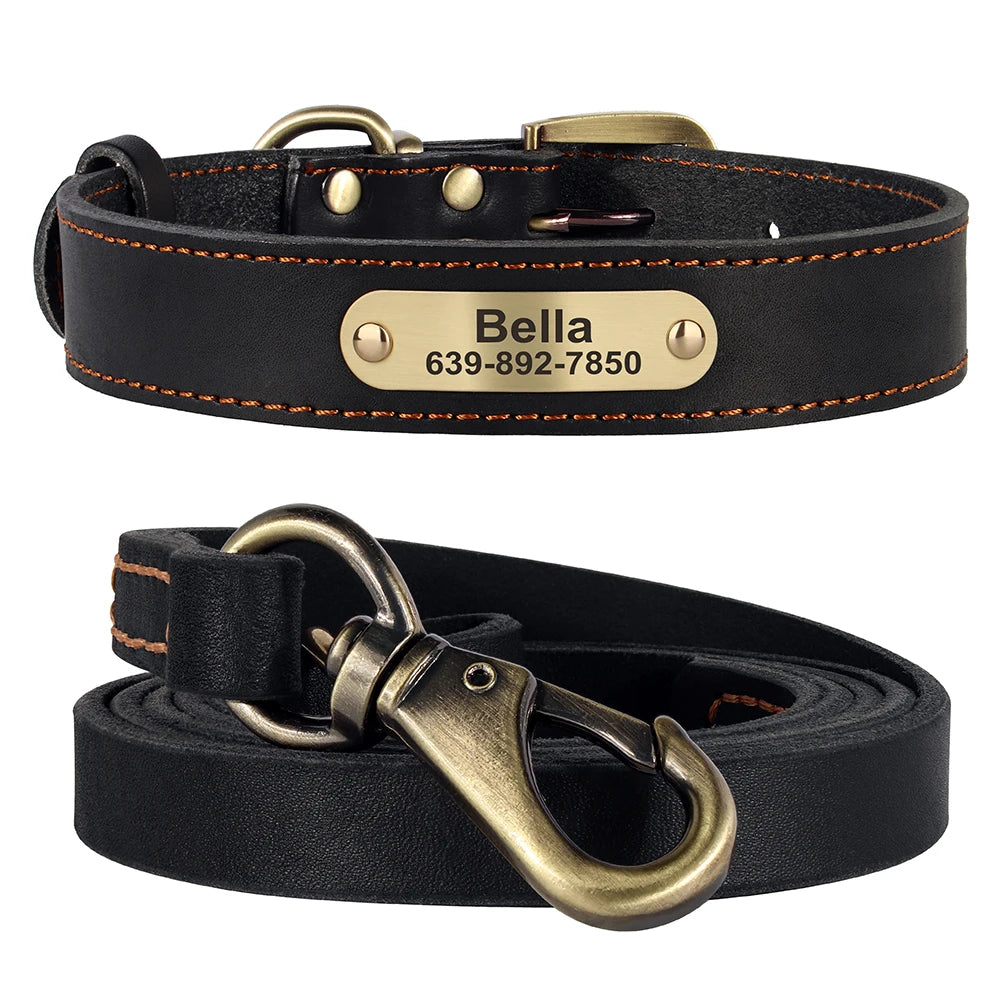 Personalized Leather Dog Collar & Leash Set – Engraved ID for Small to Large Dogs
