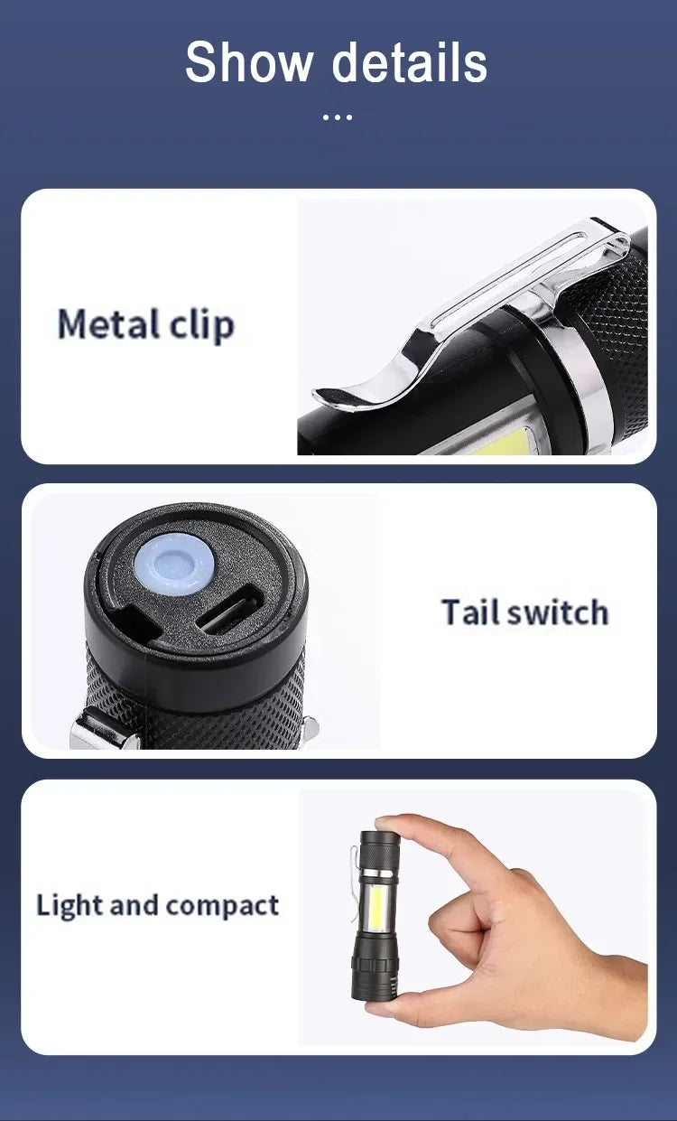 🔦 USB Rechargeable Mini Flashlight – COB+XPE Zoomable Torch with 3 Modes