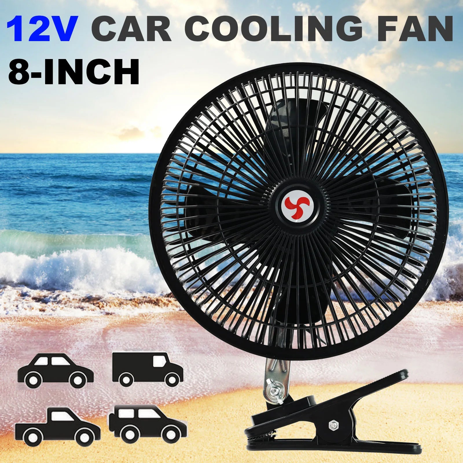 12V 8'' 360° Rotatable Car Cooling Oscillating Fan – Clip-On Ceiling Electric Travel Fan for Summer Auto Cooling