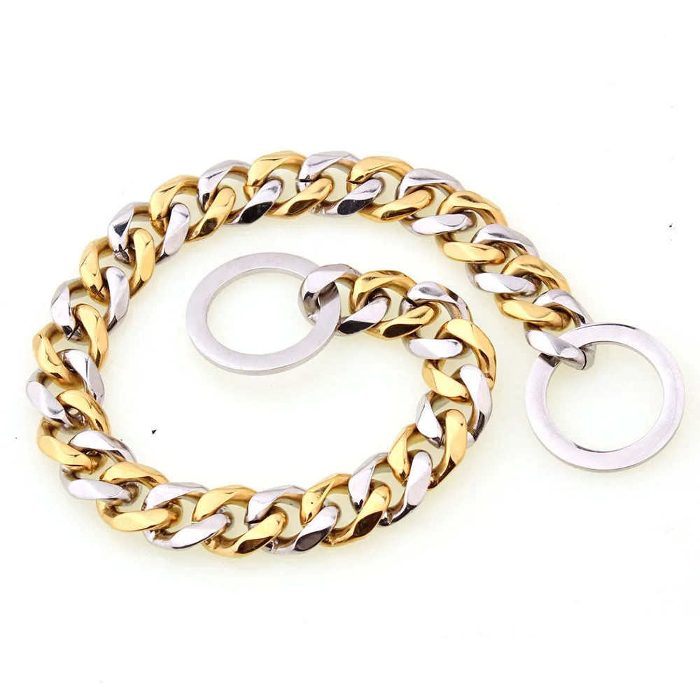 15MM Cuban Link Dog Chain Collar – Silvery/Golden Stainless Steel Training Slip Collar for Strong Dogs
