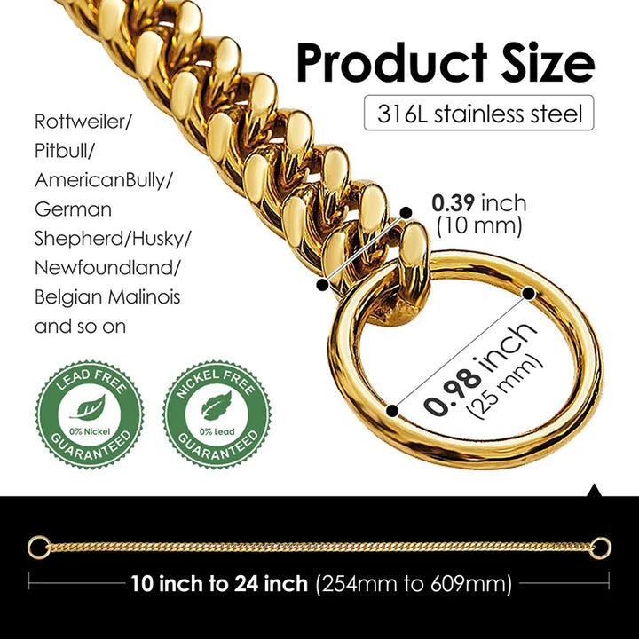 Stainless Steel Cuban Dog Chain Collar – Gold & Silver Training Link Collar