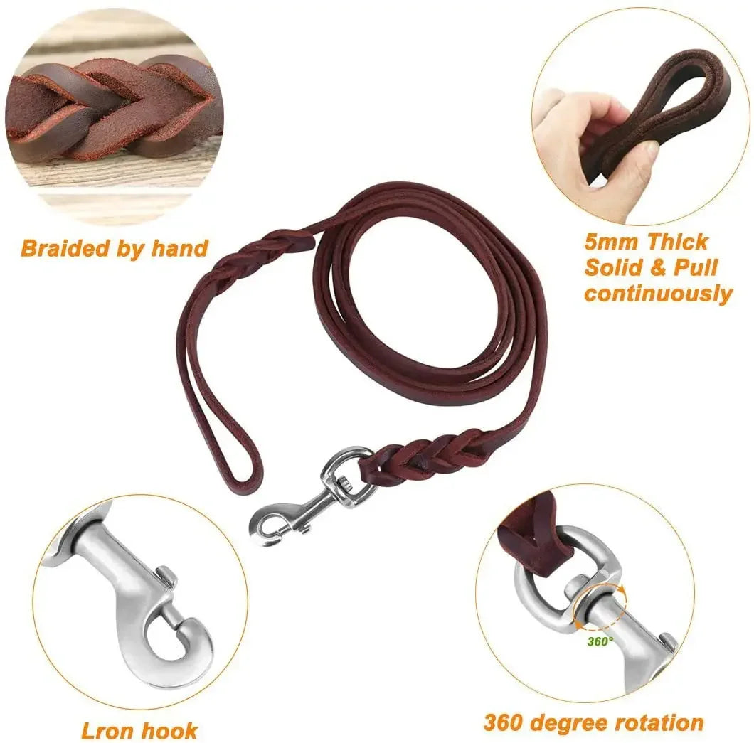 Genuine Leather Dog Leash – Braided Long Pet Walking & Training Lead for Medium & Large Dogs (Brown/Black)