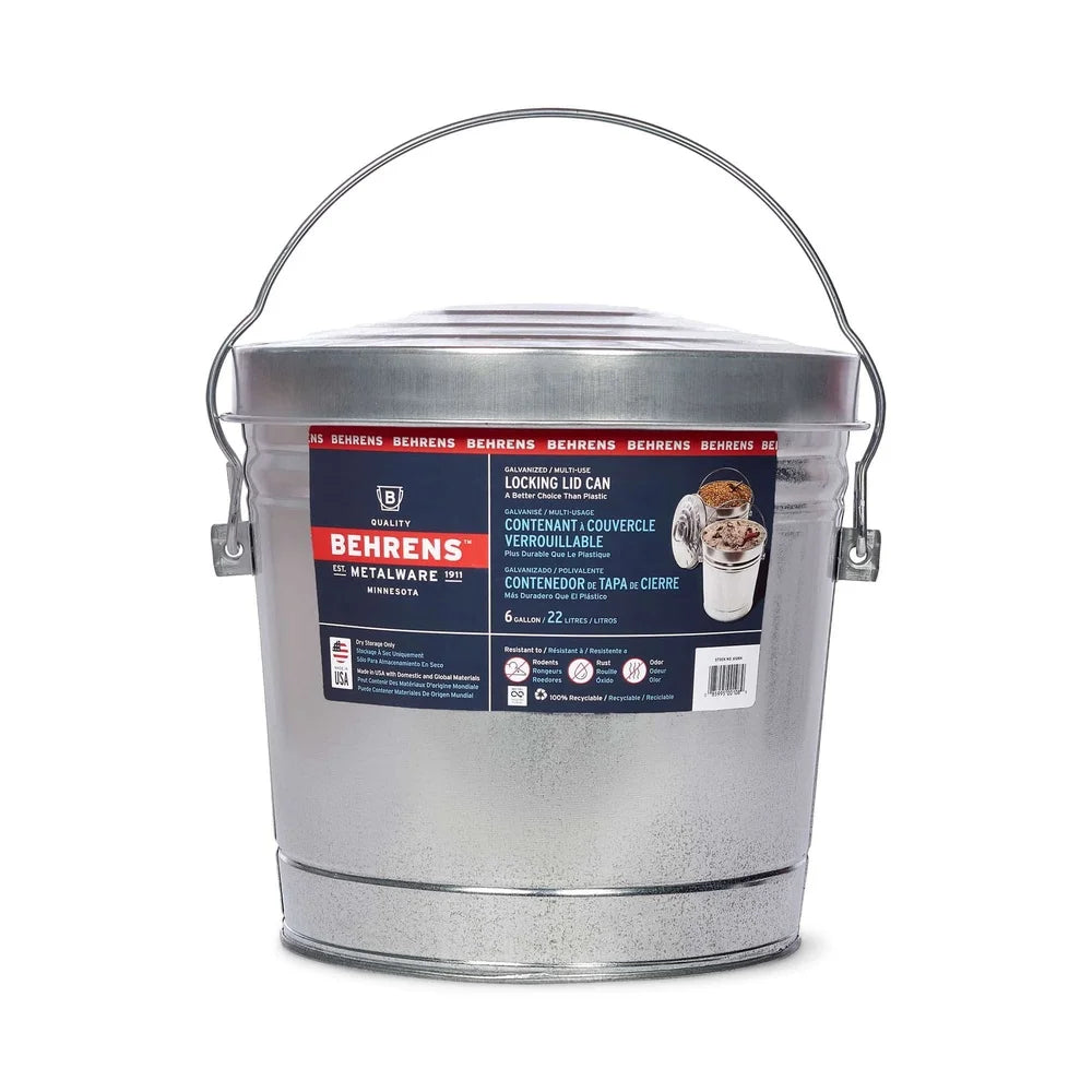 6-Gallon Galvanized Steel Storage Can with Locking Lid – Heavy Duty Metal Bin for Pet Food, Bird Seed, Charcoal & Garden Use