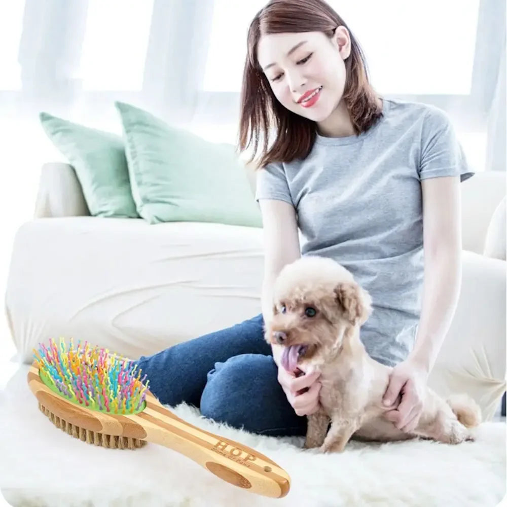 Bamboo Double-Sided Dog Brush – Pet Grooming & Massage Comb for Dogs and Cats | Eco-Friendly Soft Bristle & Pin Brush