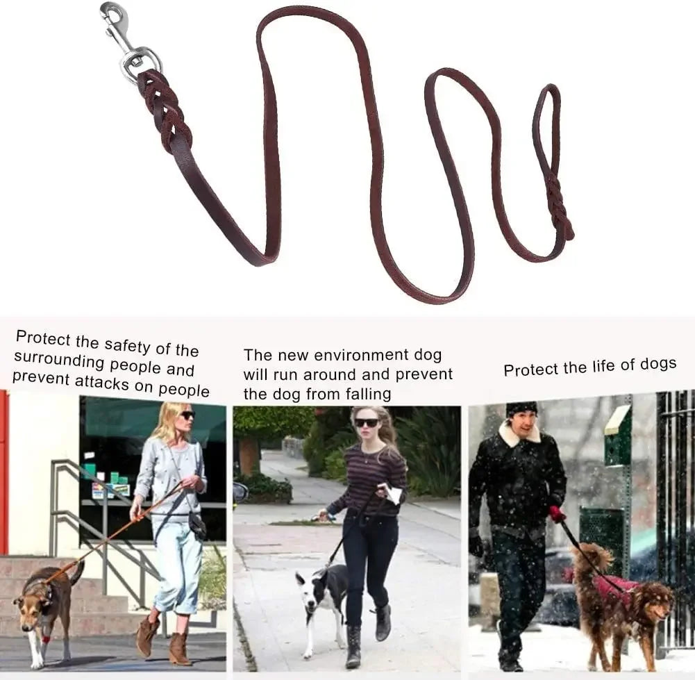 Genuine Leather Dog Leash – Braided Long Pet Walking & Training Lead for Medium & Large Dogs (Brown/Black)