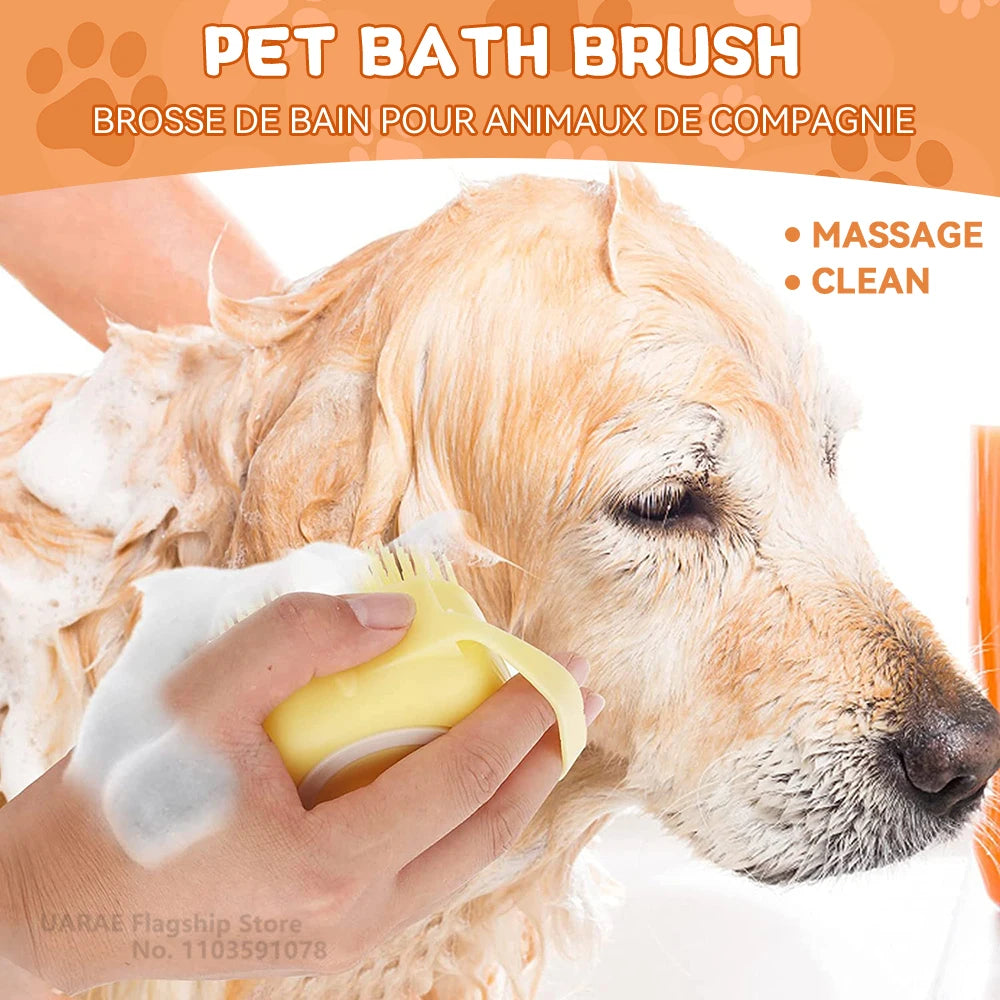 2-in-1 Dog Bathing Brush with Shampoo Dispenser – Soft Silicone Pet Massage & Grooming Brush for Dogs & Cats