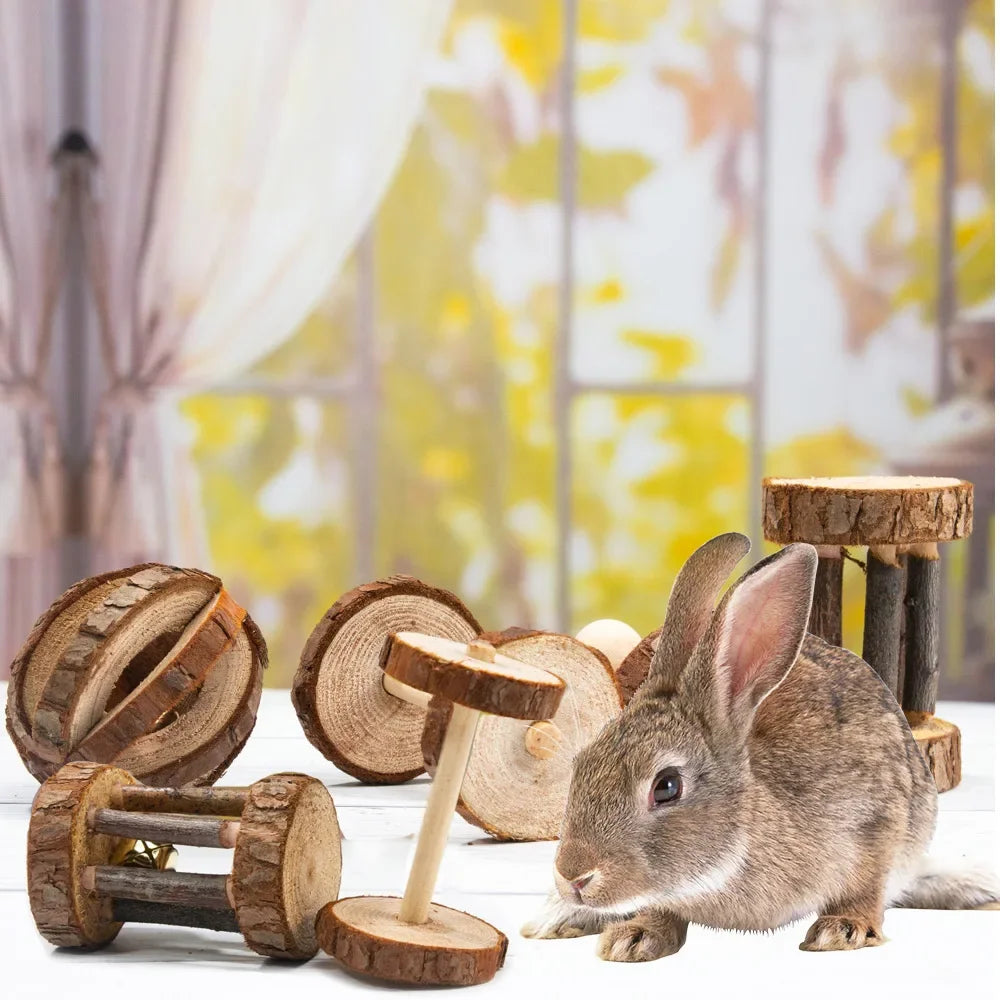Wooden Rabbit Roller Toy – Natural Chew Dumbbell with Bell for Small Pets