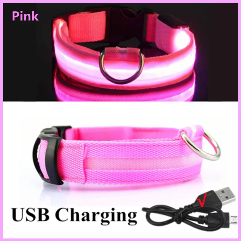 USB Rechargeable LED Glowing Pet Collar – Adjustable Night Light Safety Collar for Dogs & Cats