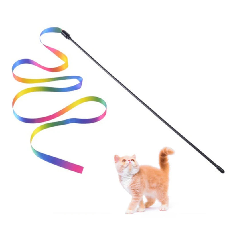 Rainbow Ribbon Cat Teaser Wand – Colorful Interactive Stick Toy for Cats