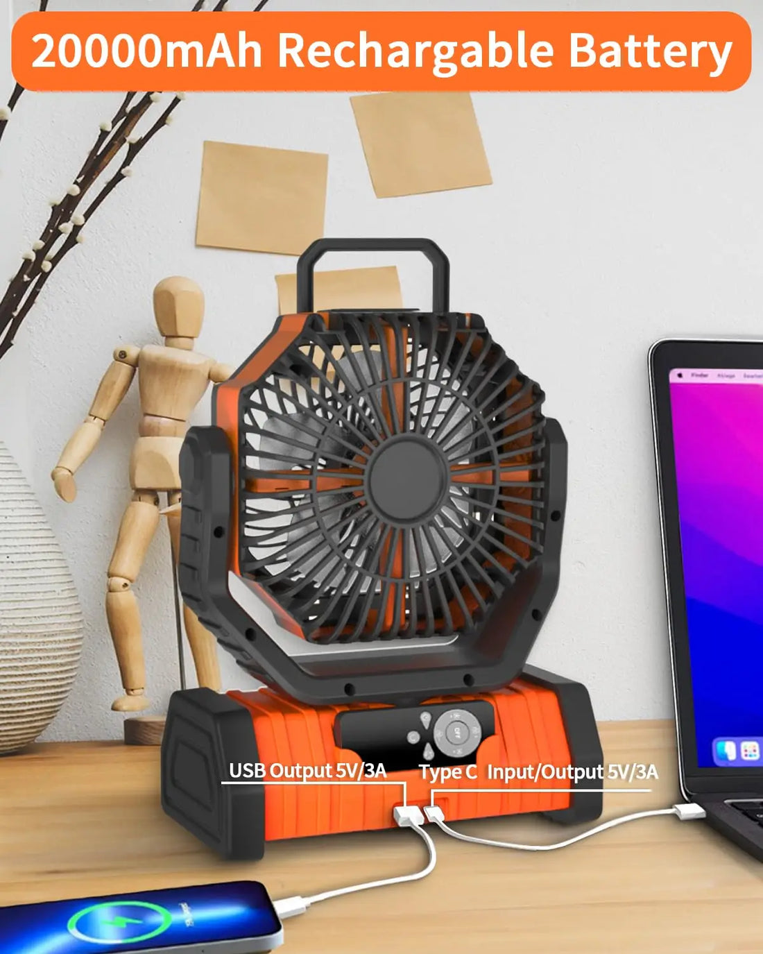 🌬️ 20000mAh / 10000mAh USB Rechargeable Camping Fan – Portable Wireless Air Circulator with Hook & 270° Head Rotation