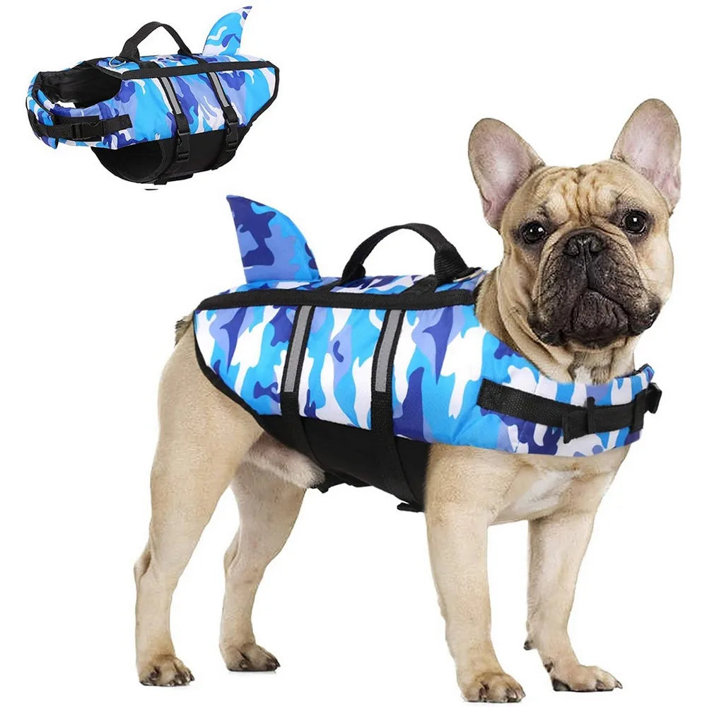 🦈 Camouflage Dog Life Jacket – Shark Style Safety Vest for Swimming (Blue, Fuchsia)