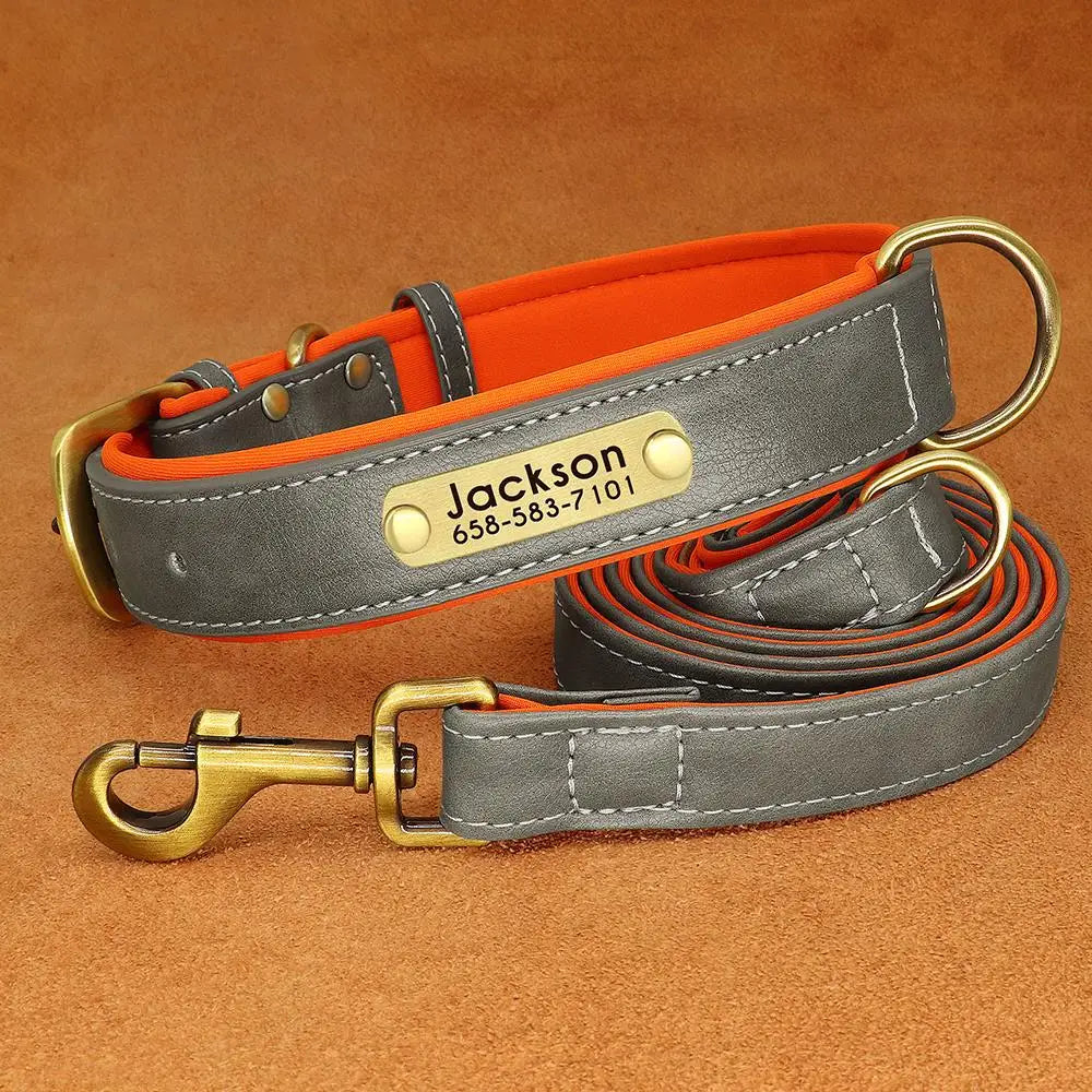 Custom Leather Dog Collar & Leash Set – Soft Padded with Engraved Nameplate