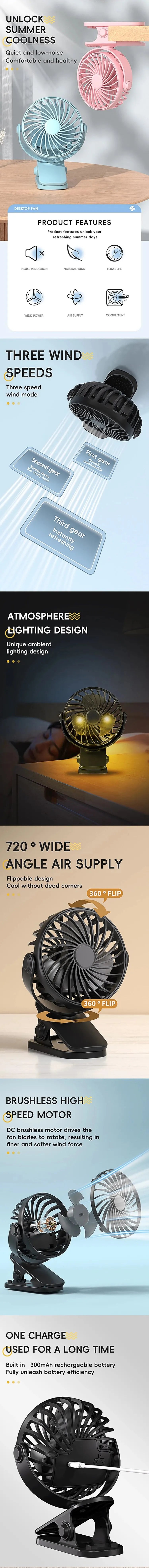 Rechargeable 720° Rotating Clip Fan with Nightlight – Portable Hanging Fan for Office, Bedroom, Dorm, and Outdoor Use