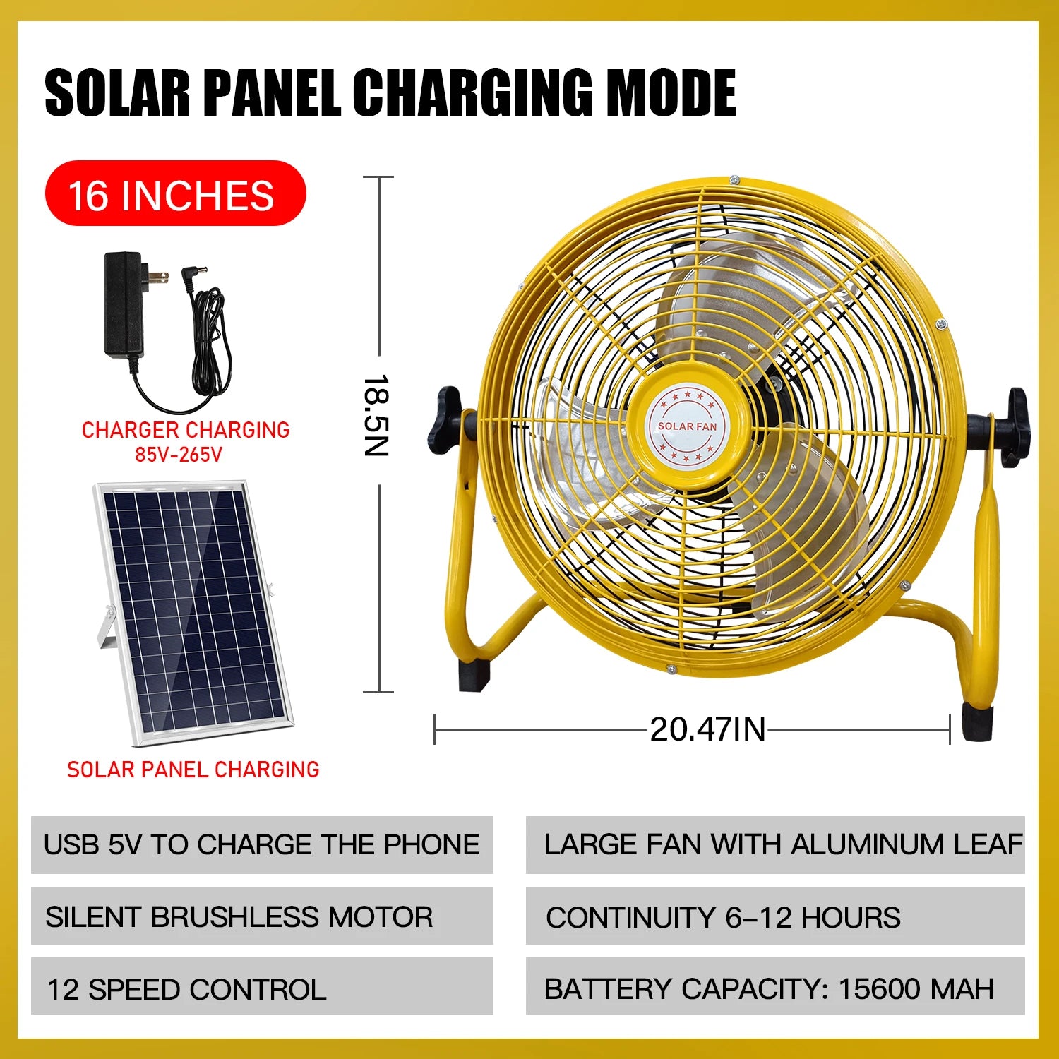 14 Inch Portable Rechargeable Table Fan with Solar Panel Powered and AC Charger Dual Input for Household, Camping, Fishing