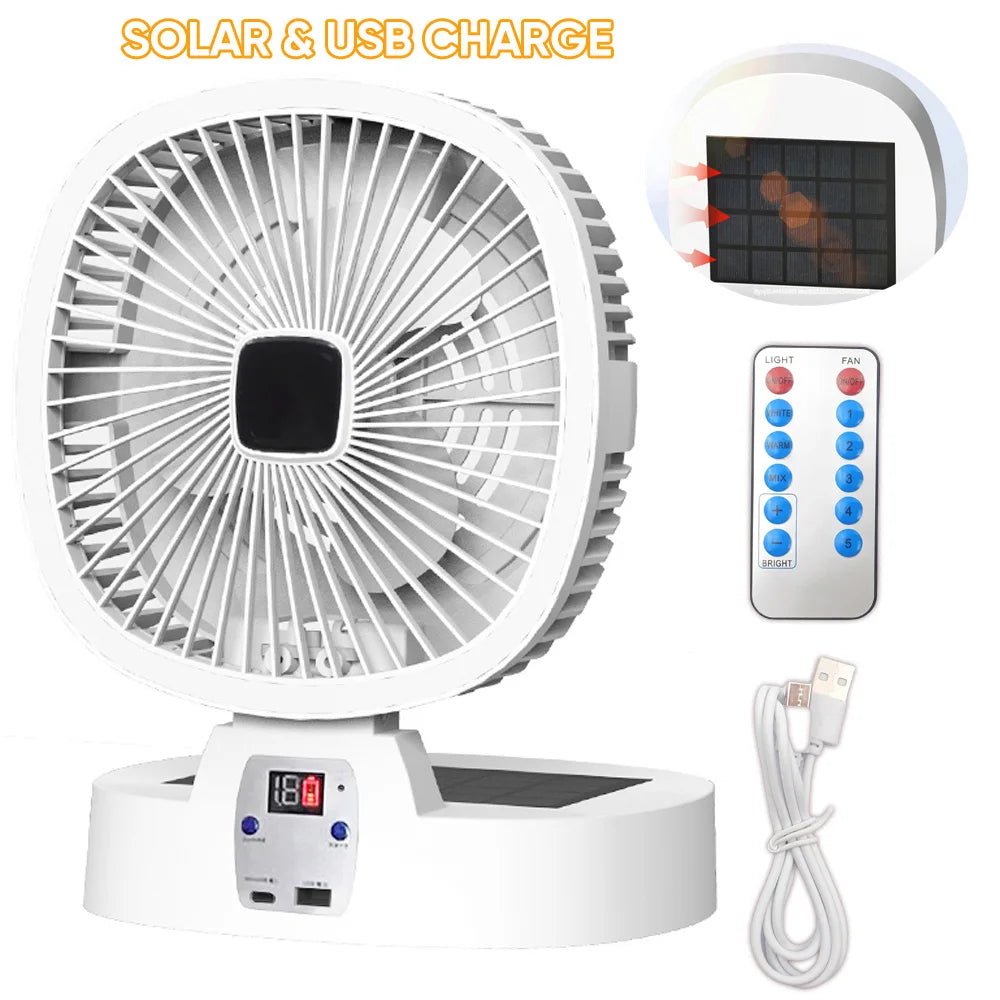 Outdoor Solar Camping Fan – 5 Speeds, LED Light, USB Rechargeable & Power Bank Function, Quiet Portable Electric Fan