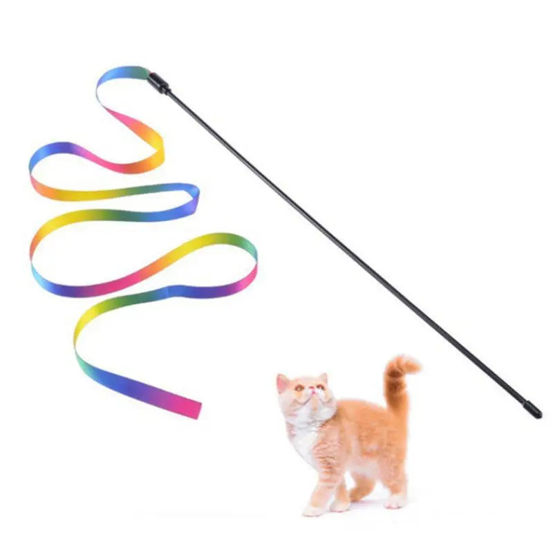 Rainbow Ribbon Cat Teaser Wand – Colorful Interactive Stick Toy for Cats