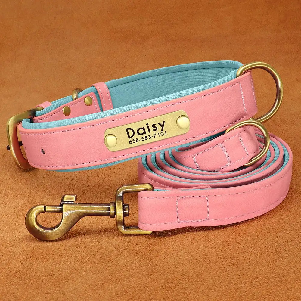 Custom Leather Dog Collar & Leash Set – Soft Padded with Engraved Nameplate