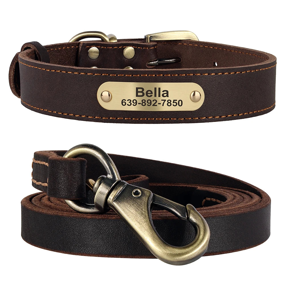 Personalized Leather Dog Collar & Leash Set – Engraved ID for Small to Large Dogs