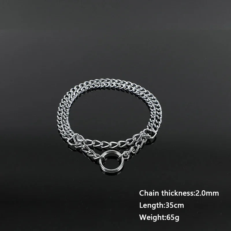 Adjustable Double Row Metal Dog Collar – 35-65cm Triple Ring Explosion-Proof Telescopic Chain for Training & Control