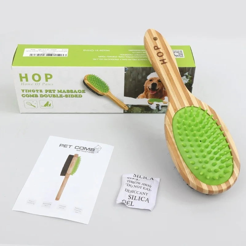 Bamboo Double-Sided Dog Brush – Pet Grooming & Massage Comb for Dogs and Cats | Eco-Friendly Soft Bristle & Pin Brush