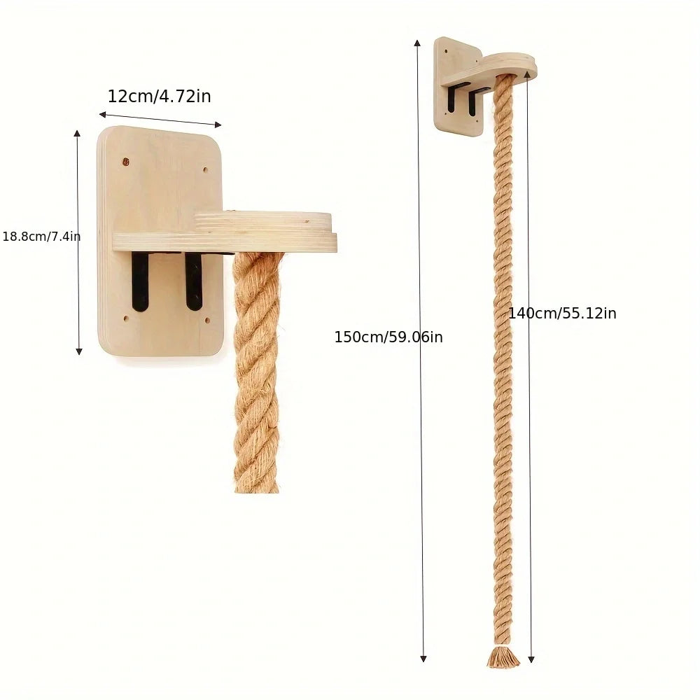 🐾 Wall-Mounted Cat Climbing Rope with Solid Wooden Pedals – Indoor Kitten Training & Claw Grinding Furniture