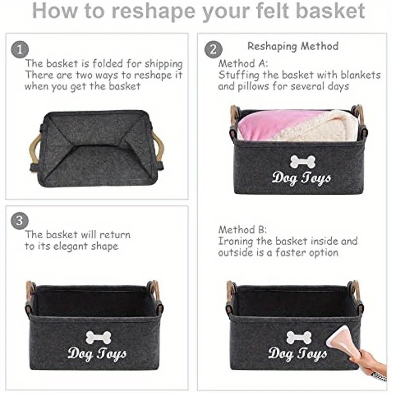 Felt Pet Toy Storage Box – Dog Toy Organizer Basket for Toys, Blankets, Leashes & Pet Supplies