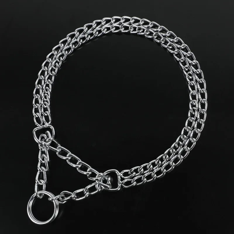 Adjustable Double Row Metal Dog Collar – 35-65cm Triple Ring Explosion-Proof Telescopic Chain for Training & Control