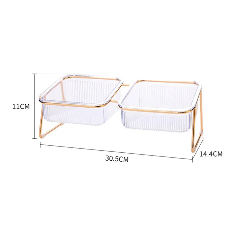 🐾 Pet Double Bowl with Raised Golden Stand – Transparent Cat & Dog Feeder