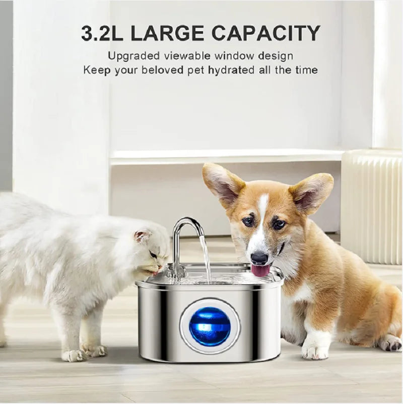 🐾 3.2L 304 Stainless Steel Pet Water Fountain – Super Quiet Automatic Cat Drinking Fountain