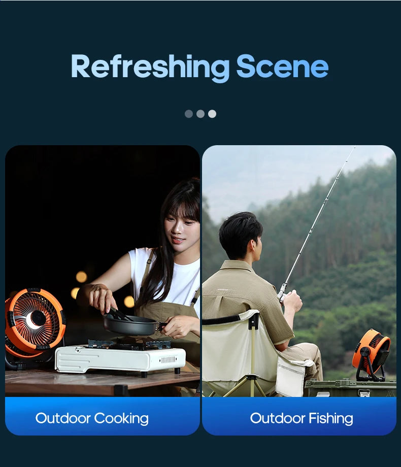 6-in-1 Outdoor Camping Fan – 20000mAh Rechargeable Ceiling & Desktop Fan with LED Light, Hook & Wireless Operation