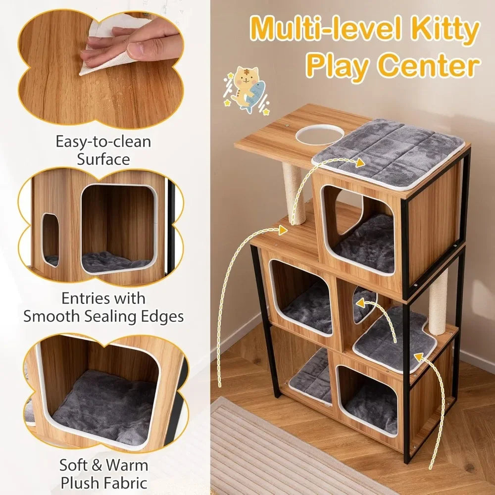 🐾 52" Wooden Cat Tree – Multi-Level Tower with Metal Frame & Sisal Scratching Posts