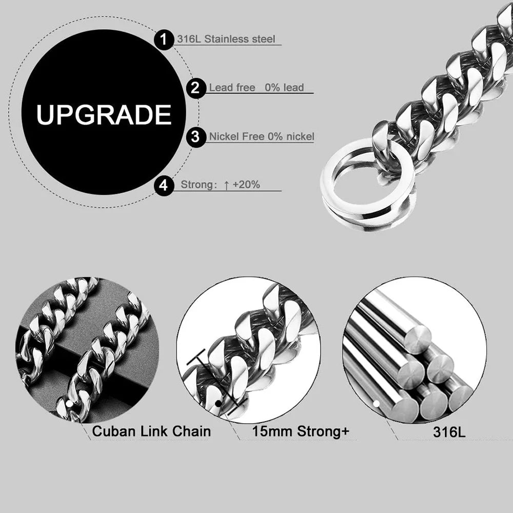 15MM Cuban Link Dog Chain Collar – Silvery/Golden Stainless Steel Training Slip Collar for Strong Dogs