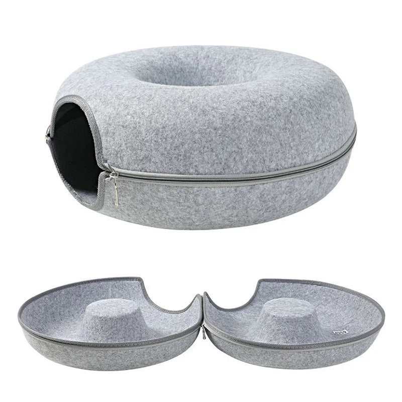 Donut Cat Bed Tunnel for 2 Cats – Interactive Felt Cat Nest & Play House with Toys