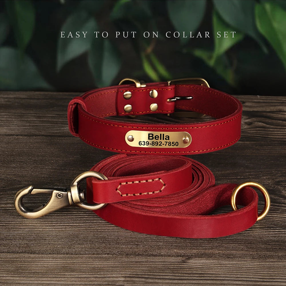 Personalized Leather Dog Collar & Leash Set – Engraved ID for Small to Large Dogs