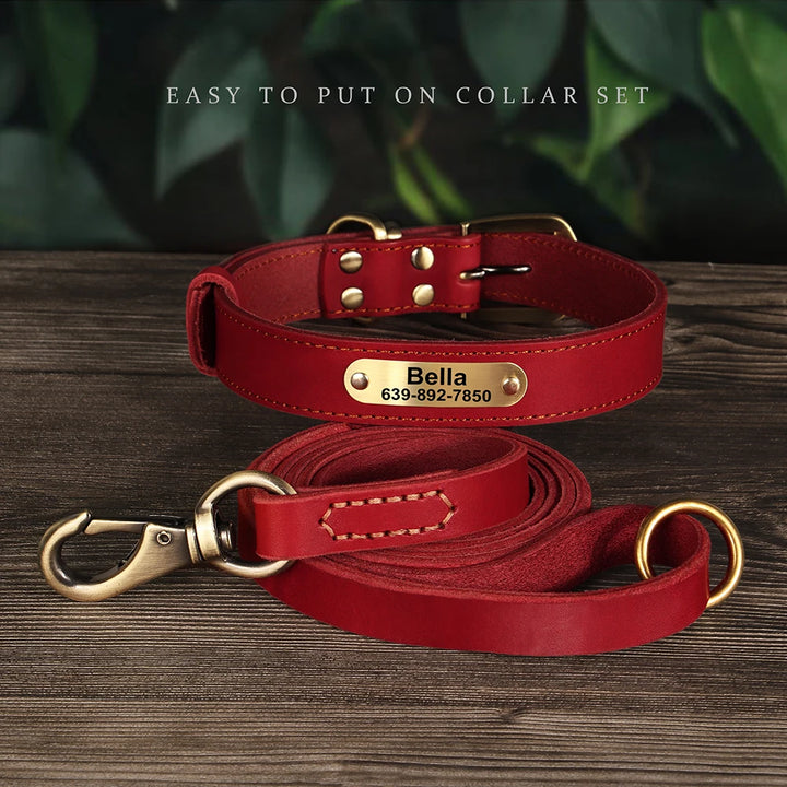 Personalized Leather Dog Collar & Leash Set – Engraved ID for Small to Large Dogs