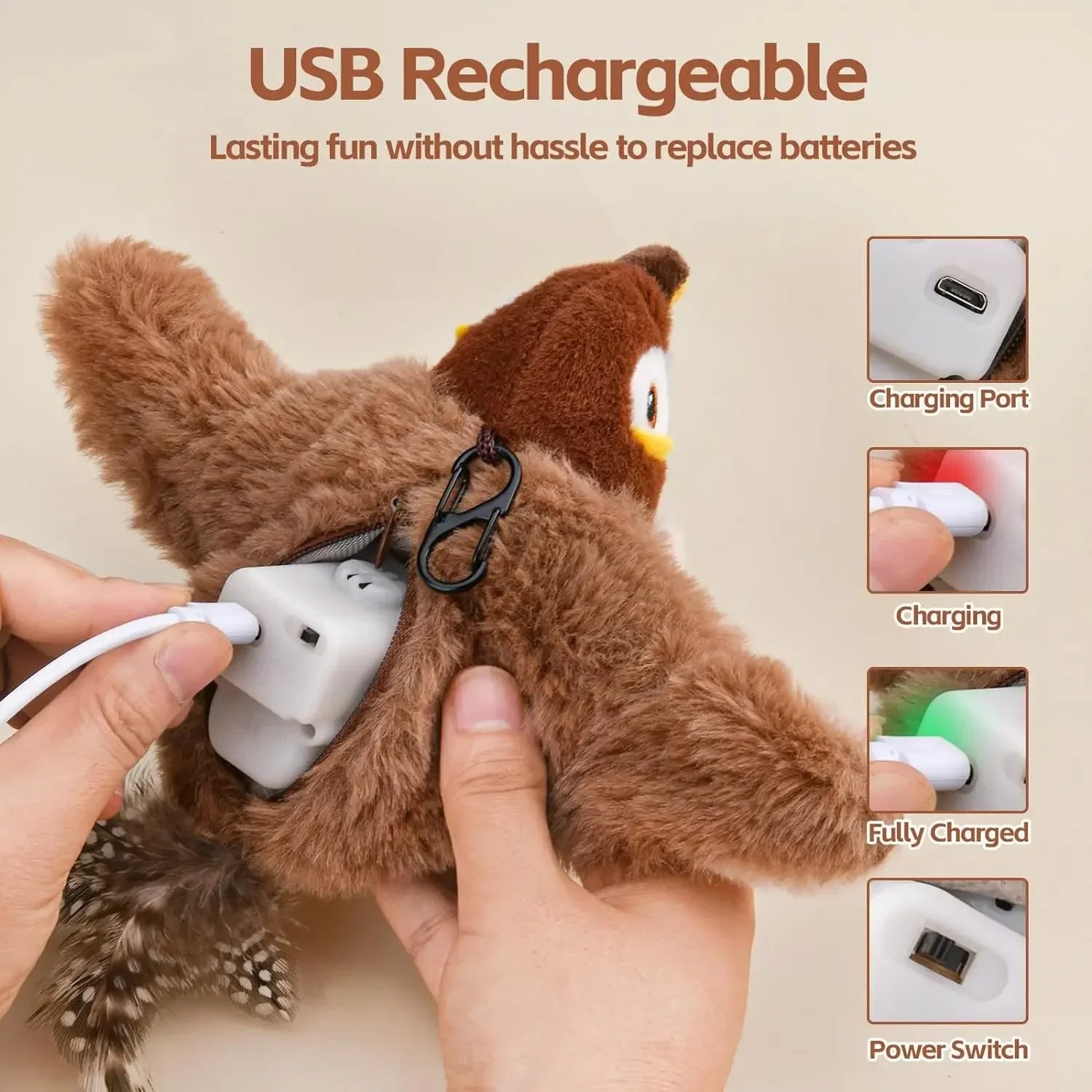 Interactive Chirping & Flapping Bird Cat Toy – Rechargeable Plush with Catnip