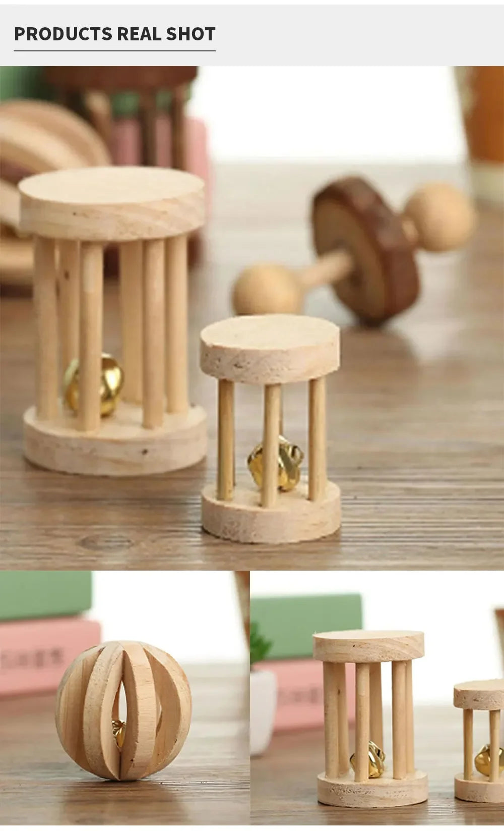 Wooden Rabbit Roller Toy – Natural Chew Dumbbell with Bell for Small Pets