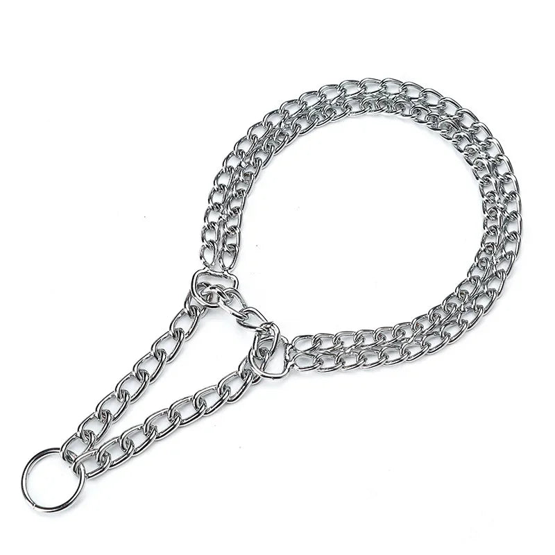 Adjustable Double Row Metal Dog Collar – 35-65cm Triple Ring Explosion-Proof Telescopic Chain for Training & Control