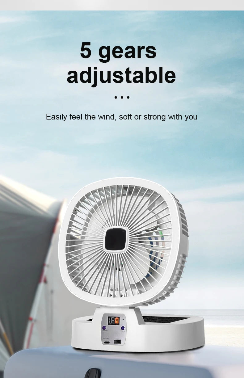 Outdoor Solar Camping Fan – 5 Speeds, LED Light, USB Rechargeable & Power Bank Function, Quiet Portable Electric Fan