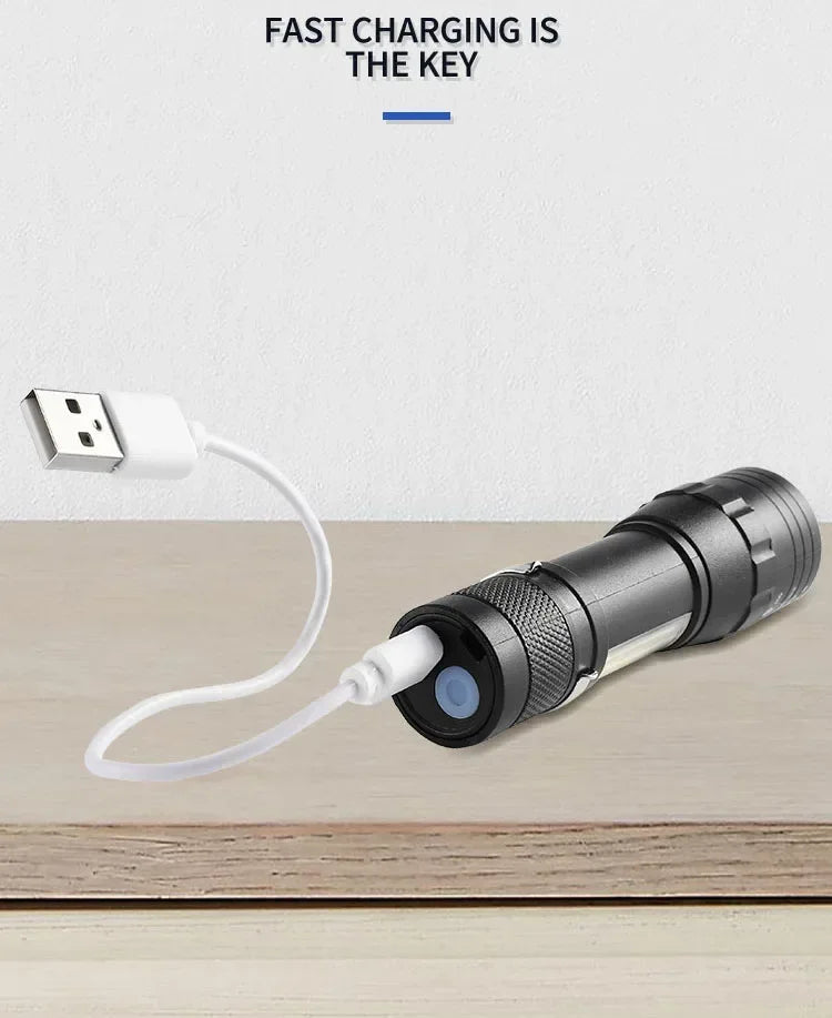 🔦 USB Rechargeable Mini Flashlight – COB+XPE Zoomable Torch with 3 Modes