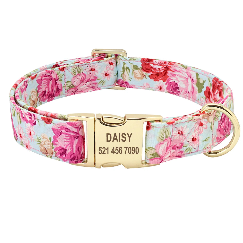 Personalized Floral Dog Collar & Leash Set – Custom Engraved Pet ID